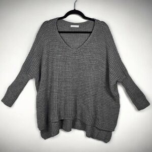 Womens Oversized Knit V‎ Neck Sweater Made in Italy Gray Acrylic Blend